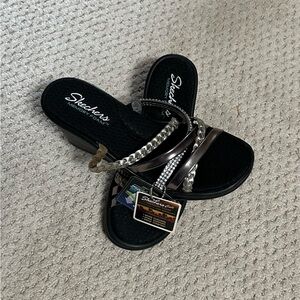 Skechers Black Sandals with Metallic Silver and Gunmetal Straps
